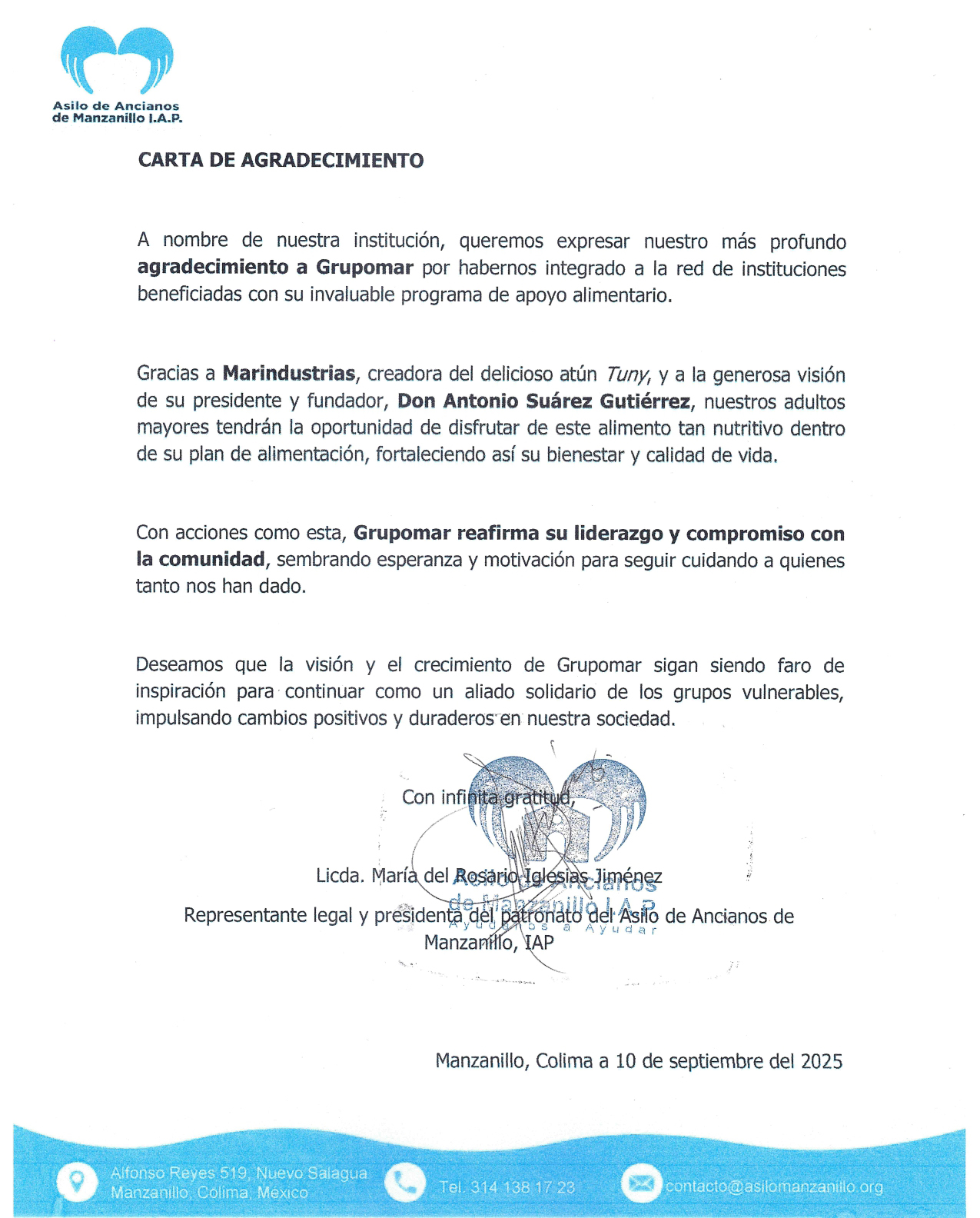 Carta Agradecimiento Donación Asilo de Ancianos Manzanillo